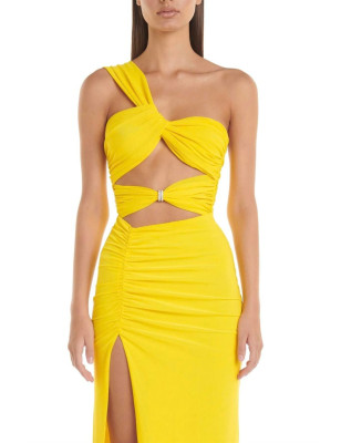 Tek Omuzlu Pencereli Yırtmaçlı Sarı Tasarım Elbise