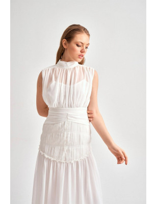 Şifon Midi Boy Tasarım Elbise (Beyaz)