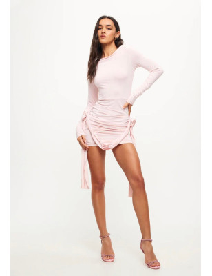 Gül Detaylı Uzun Kollu Pembe Mini Elbise