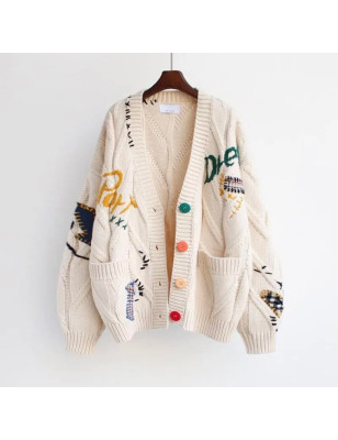 Renkli Düğmeli Dikiş Detaylı Beyaz Hırka