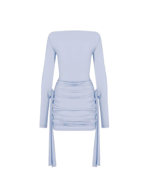 Gül Detaylı Uzun Kollu Mavi Elbise