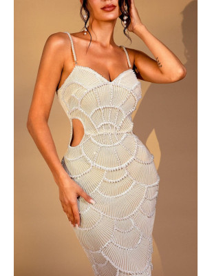 İp Askılı İncili Beli Pencereli Premium Midi Elbise