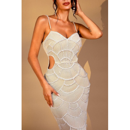 İp Askılı İncili Beli Pencereli Premium Midi Elbise