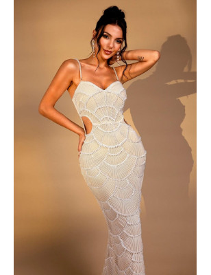 İp Askılı İncili Beli Pencereli Premium Midi Elbise