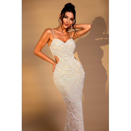 İp Askılı İncili Beli Pencereli Premium Midi Elbise