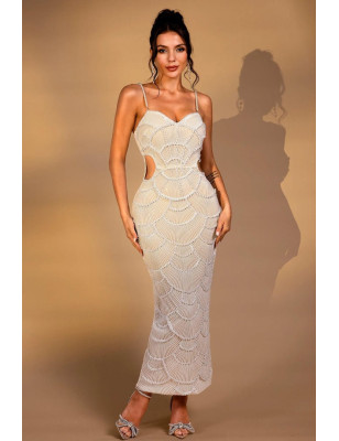 İp Askılı İncili Beli Pencereli Premium Midi Elbise