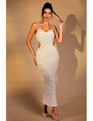 İp Askılı İncili Beli Pencereli Premium Midi Elbise