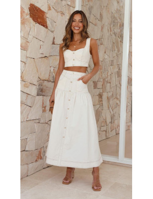 Beyaz Denim Top ve Midi Etek Takım