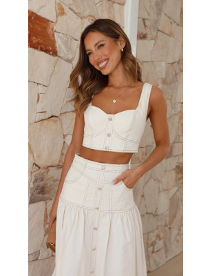 Beyaz Denim Top ve Midi Etek Takım