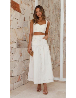 Beyaz Denim Top ve Midi Etek Takım