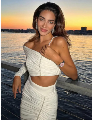 İnci Askılı Crop Top ve Yırtmaçlı Drapeli Tasarım Etek Takım