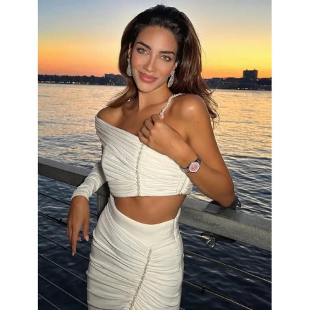 İnci Askılı Crop Top ve Yırtmaçlı Drapeli Tasarım Etek Takım