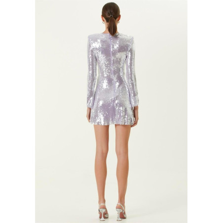 Göğsü Pencereli Uzun Kollu Lila Payetli Elbise