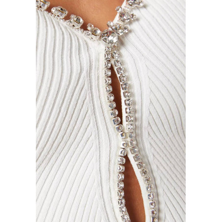 Göğsü Kristal Taşlı Fitilli Triko Beyaz Tasarım Elbise