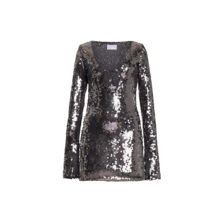 Payetli Pencereli Gümüş Tasarım Mini Elbise