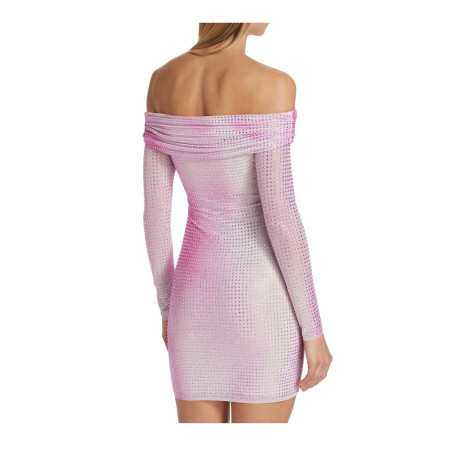 Kristal Taşlı Madonna Yaka Mini Pembe Tasarım Elbise