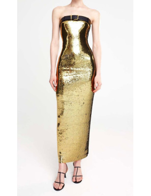 Göğsü Kemerli Gold Payetli Straplez Tasarım Elbise