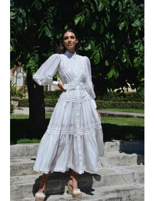 Kemerli Fırfır Detaylı Tasarım Beyaz Elbise