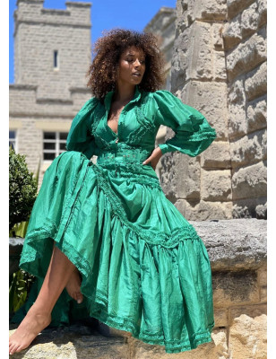 Kemerli Fırfır Detaylı Tasarım Yeşil Elbise