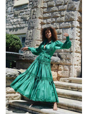 Kemerli Fırfır Detaylı Tasarım Yeşil Elbise