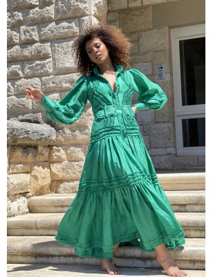 Kemerli Fırfır Detaylı Tasarım Yeşil Elbise