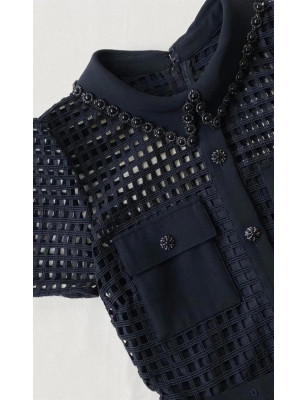 Siyah Taşlı Yakalı Dantel Mini Elbise