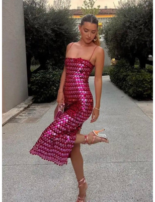 İp Askılı Pullu Pembe Tasarım Midi Elbise