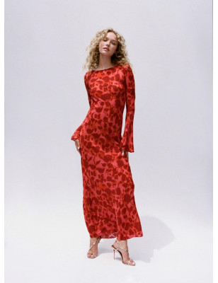 %100 İpek Uzun Kollu Çiçek Desenli Maksi Tasarım Elbise