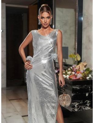 Gümüş Payetli Dökümlü Gül Detaylı Maksi Tasarım Elbise