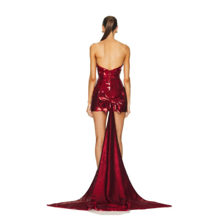 Arkası Kurdele ve Kuyruklu Payetli Kırmızı Mini Tasarım Elbise