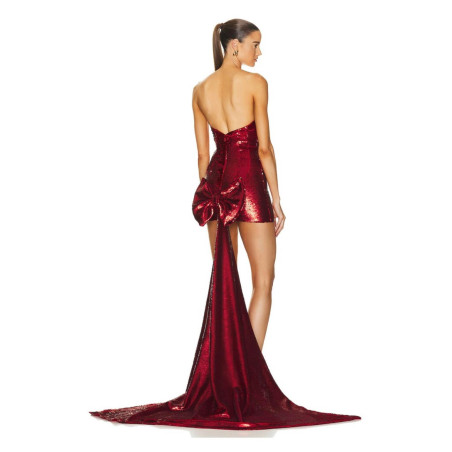 Arkası Kurdele ve Kuyruklu Payetli Kırmızı Mini Tasarım Elbise