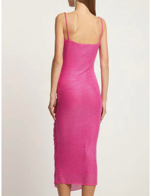 İp Askılı Kristal Taşlı Fuşya Tasarım Elbise