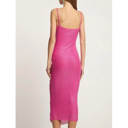 İp Askılı Kristal Taşlı Fuşya Tasarım Elbise