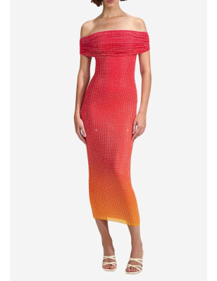 Kristal Taşlı Madonna Yaka Tasarım Midi Elbise