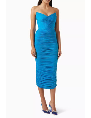 Drapeli Straplez Bandaj Mavi Tasarım Elbise