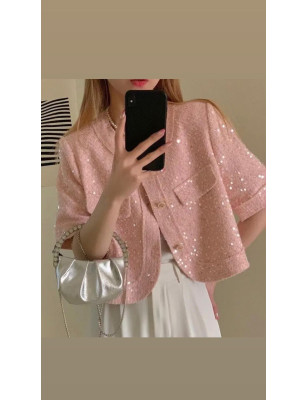 Şeffaf Pul Detaylı Kısa Kollu Pembe Tüvid Ceket