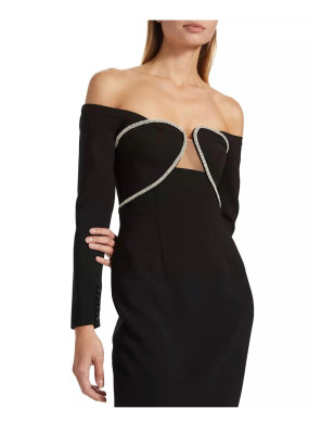 Kristal Taş Detaylı Uzun Kollu Midi Siyah Tasarım Elbise