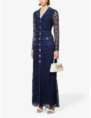 Gold Düğmeli V Yaka Lacivert Güpür Elbise