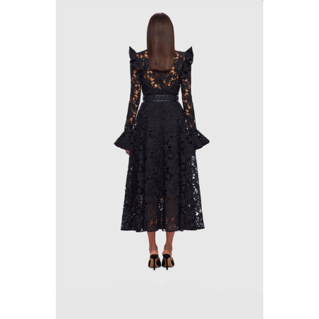 Siyah Uzun Kollu Dantel Midi Tasarım Elbise