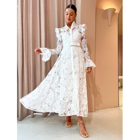 Beyaz Uzun Kollu Dantel Midi Tasarım Elbise