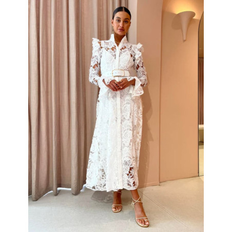 Beyaz Uzun Kollu Dantel Midi Tasarım Elbise