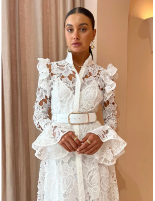 Beyaz Uzun Kollu Dantel Midi Tasarım Elbise