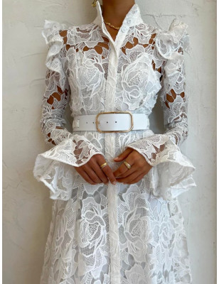 Beyaz Uzun Kollu Dantel Midi Tasarım Elbise