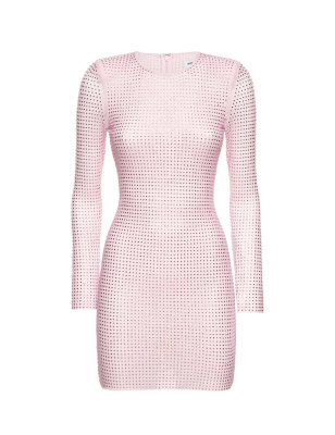 Kristal Taşlı Uzun Kollu Pembe Mini Elbise