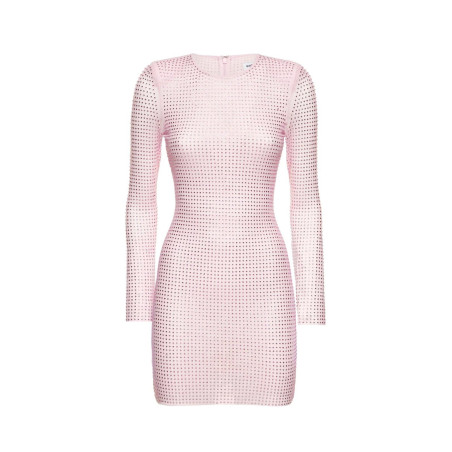 Kristal Taşlı Uzun Kollu Pembe Mini Elbise
