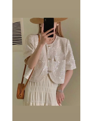 Şeffaf Pul Detaylı Kısa Kollu Krem Tüvid Ceket