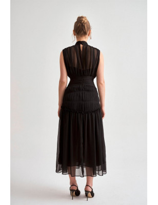 Şifon Midi Boy Tasarım Elbise (Siyah)