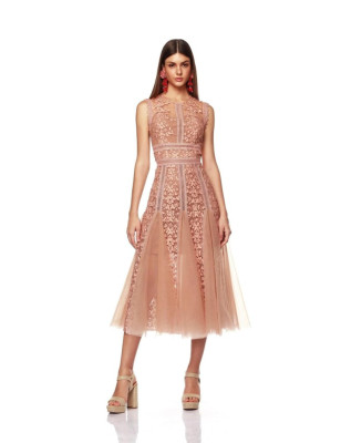 Dantel Kolsuz Somon Midi Elbise