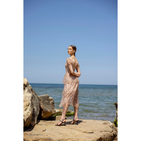 İşlemeli Midi Boy Gold Tasarım Elbise