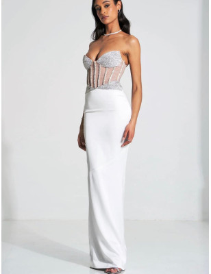 Göğsü Kristal Taşlı Vücudu Saran Saten Tasarım Elbise